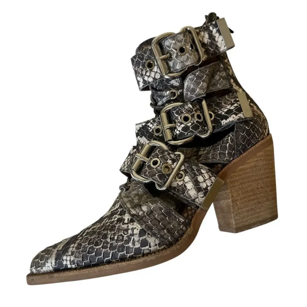 JEFFREY CAMPBELL Snakeskin Buckle Ankle Caceres Bootie in Brown & Grey Snake